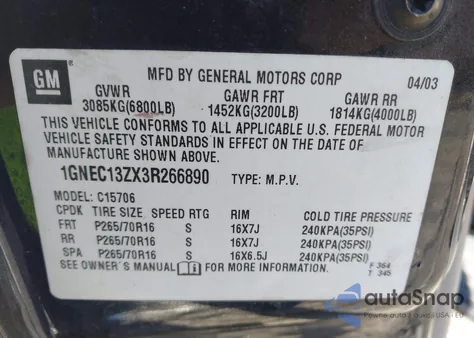 2003 Chevrolet Tahoe C1500 from USA, damaged, VIN 1GNEC13ZX3R266890